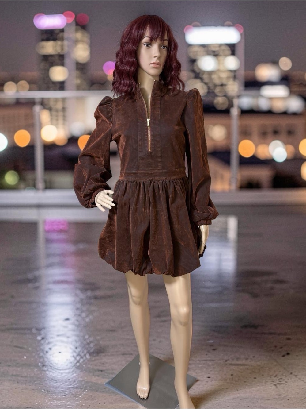 AKIRA NWT Sz S Brown Velvet Denim Long Sleeve Flare Bubbly Mini Dress (0779) - Picture 3 of 16
